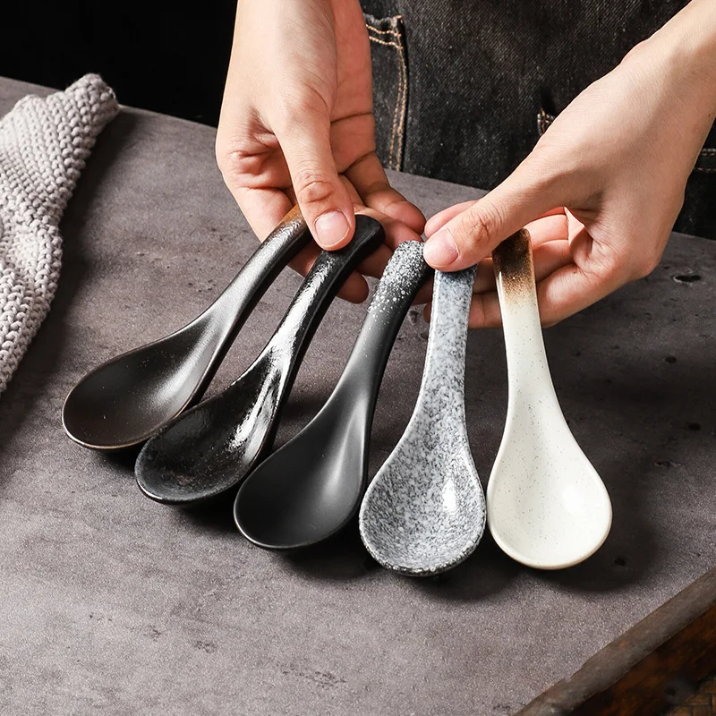 13cm Japanese Retro Ceramic Soup Spoon Eating Spoon Kitchen Utensils Teaspoon Tableware Kitchen Cooking Utensils Tools
