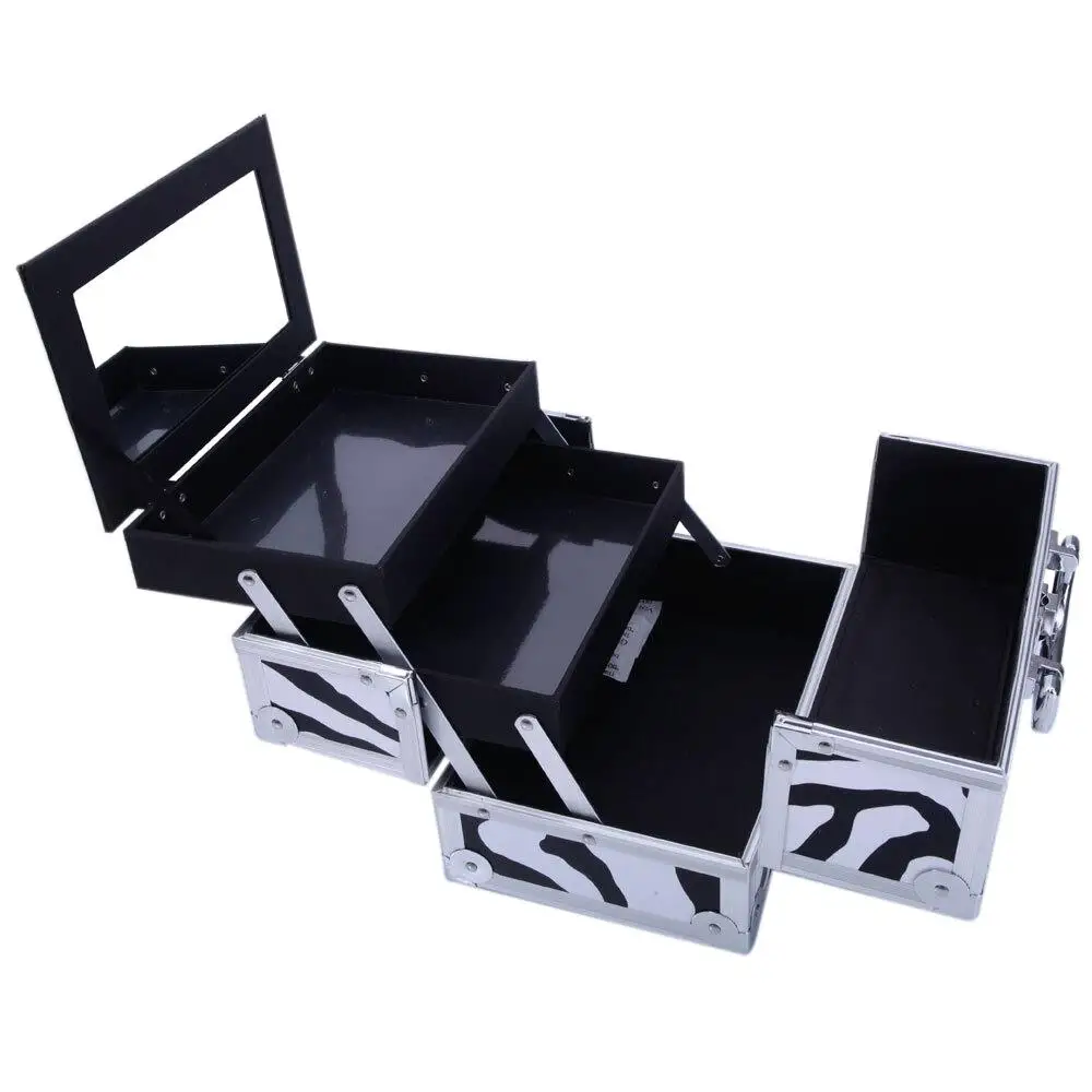 SM-2176  Zebra Aluminum Makeup Train Case Jewelry Box Cosmetic Organizer with Mirror - 9x6x6 5