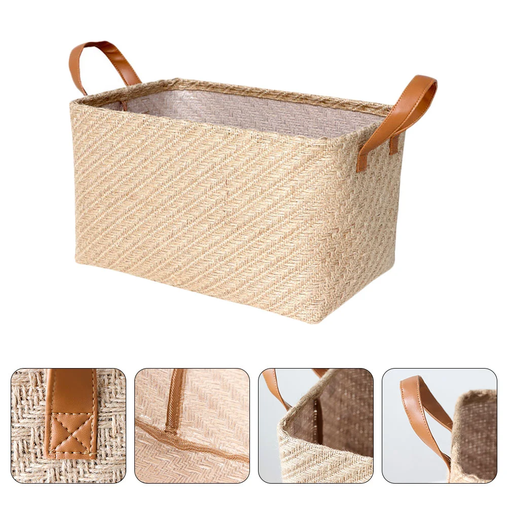 

Woven Linen Storage Basket Bin Bins Shelf Simple with Handles Jute Cloth Clothing Organizer