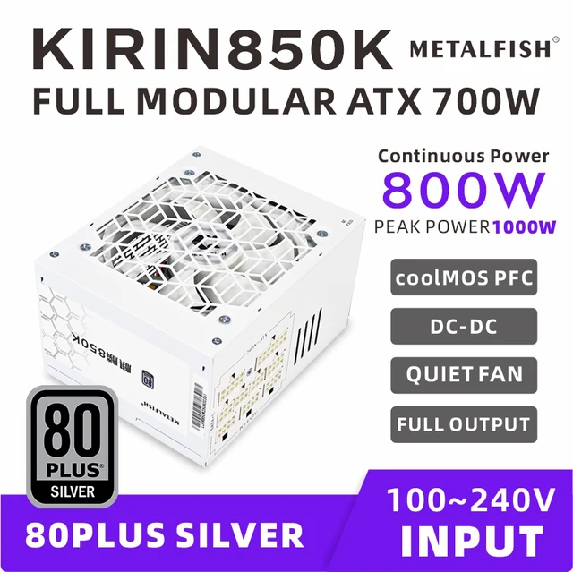 METALFISH KIRIN850K สีขาวแหล่งจ่ายไฟ ATX-600W 700W 80 PLUS SILVER PSU รองรับ ATX3.0 สําหรับ Micro ATX แชสซีสําหรับ BTC (100-240V) 1