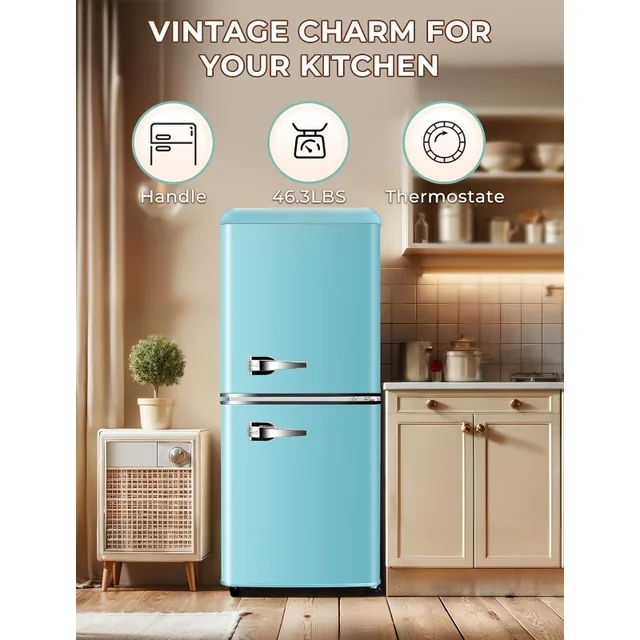 3.8 Cu.Ft Retro Fridge with Bottom Freezer and Drawer, 2 Door Refrigerator with 7 Adjustable Temperature Settings Blue 2