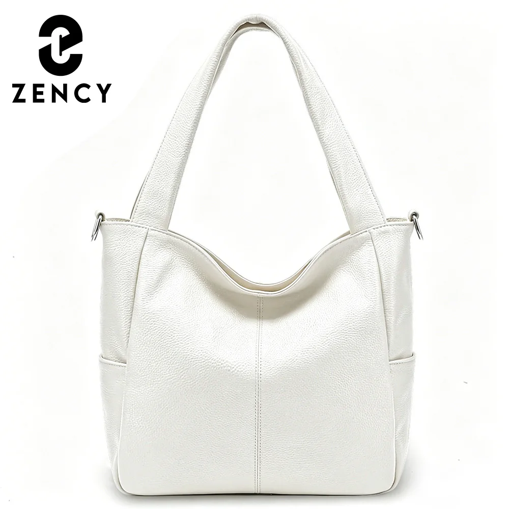 Zency Pure White Shoulder Bag Genuine Leather Women Tote Handbag Large Capacity for Work Wide Handle Crossbody with Long Strap 1