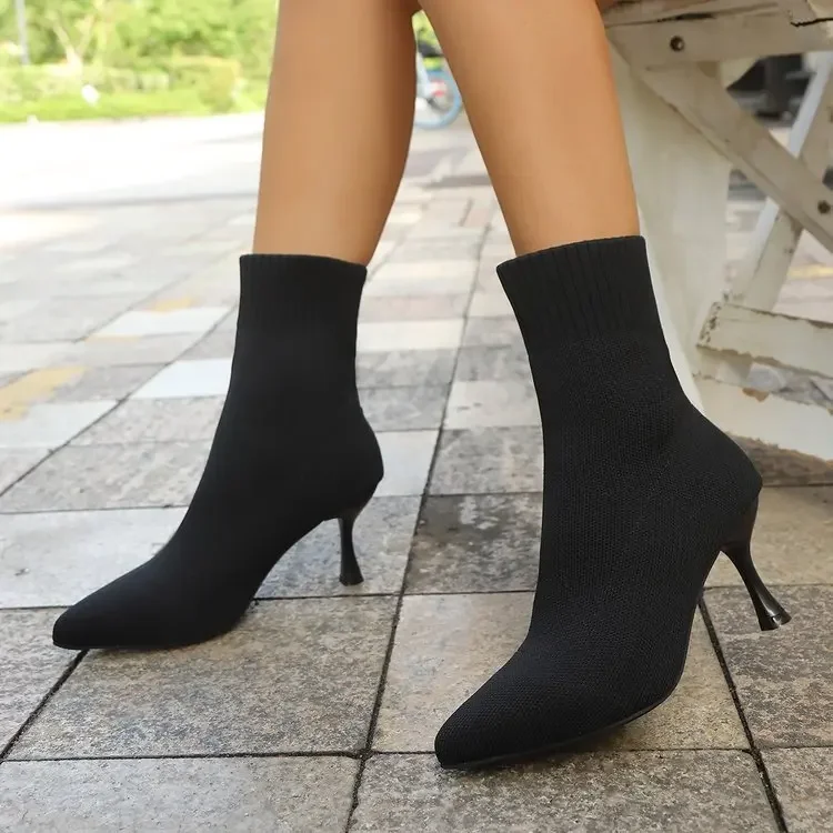 Women Socks Boots Stretch Fabric Women Ankle Boots Pointed Toe High Heels Slip-On Sexy Sock Heeled Chelsea Boots 2026