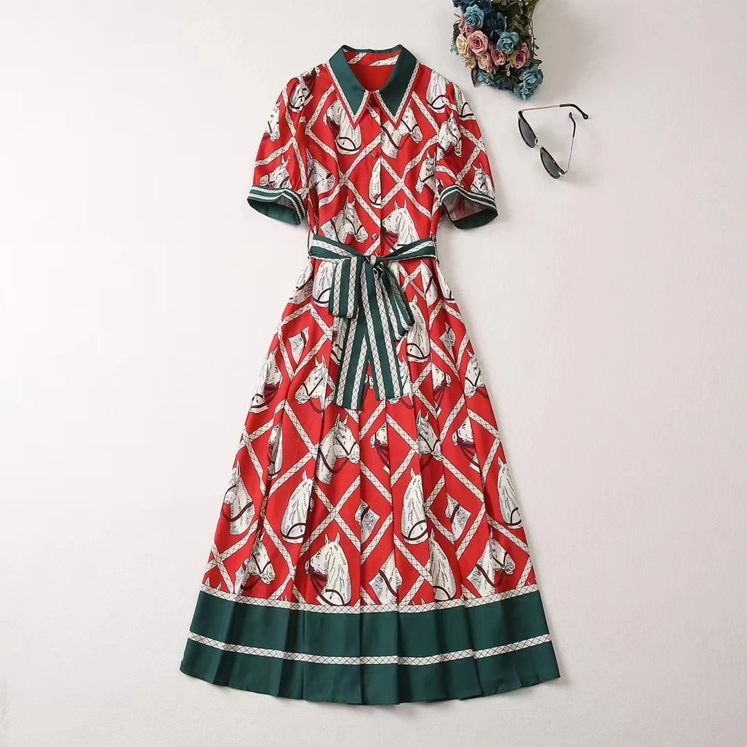 

European and American women's clothes 2023 summer new Short sleeve lapel red horse print Fashion Belt Pleated Dress XXL