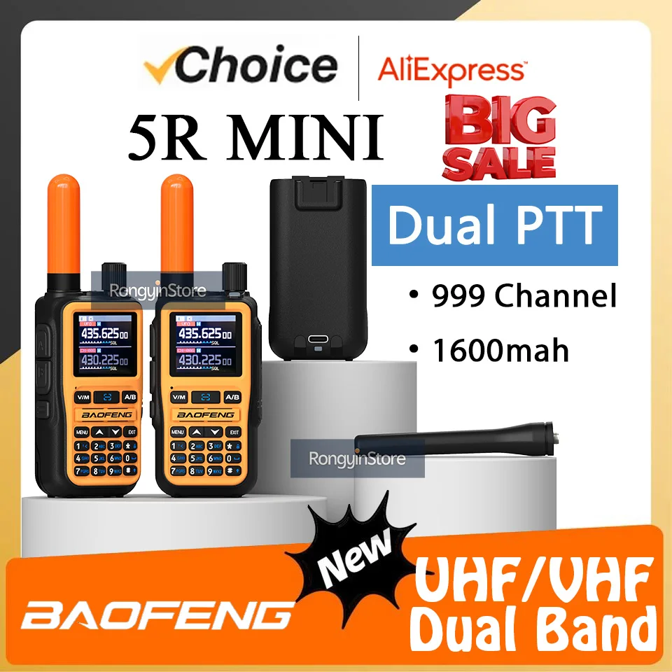 바오펑 UV 5R 미니 5W 무전기 오렌지 블루투스 AM FM 컴팩트 미니 양방향 CB 라디오 (무료 고출력 안테나 포함) 포켓 사이즈