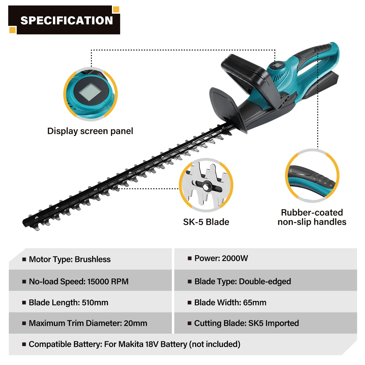 2000W Brushless Electric Hedge Trimmer 15000RPM Lawn Mower Garden Landscaping Hedge Pruner Trimmer Tool For Makita 18V Battery 2