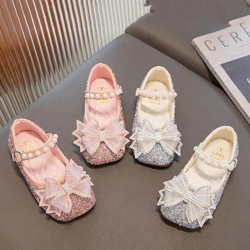 

2023 Spring Girls Mary Jane Korean Style Bow Shine Rhinestones Beautiful Princess Leather Shoes for Party Wedding Shows Flats