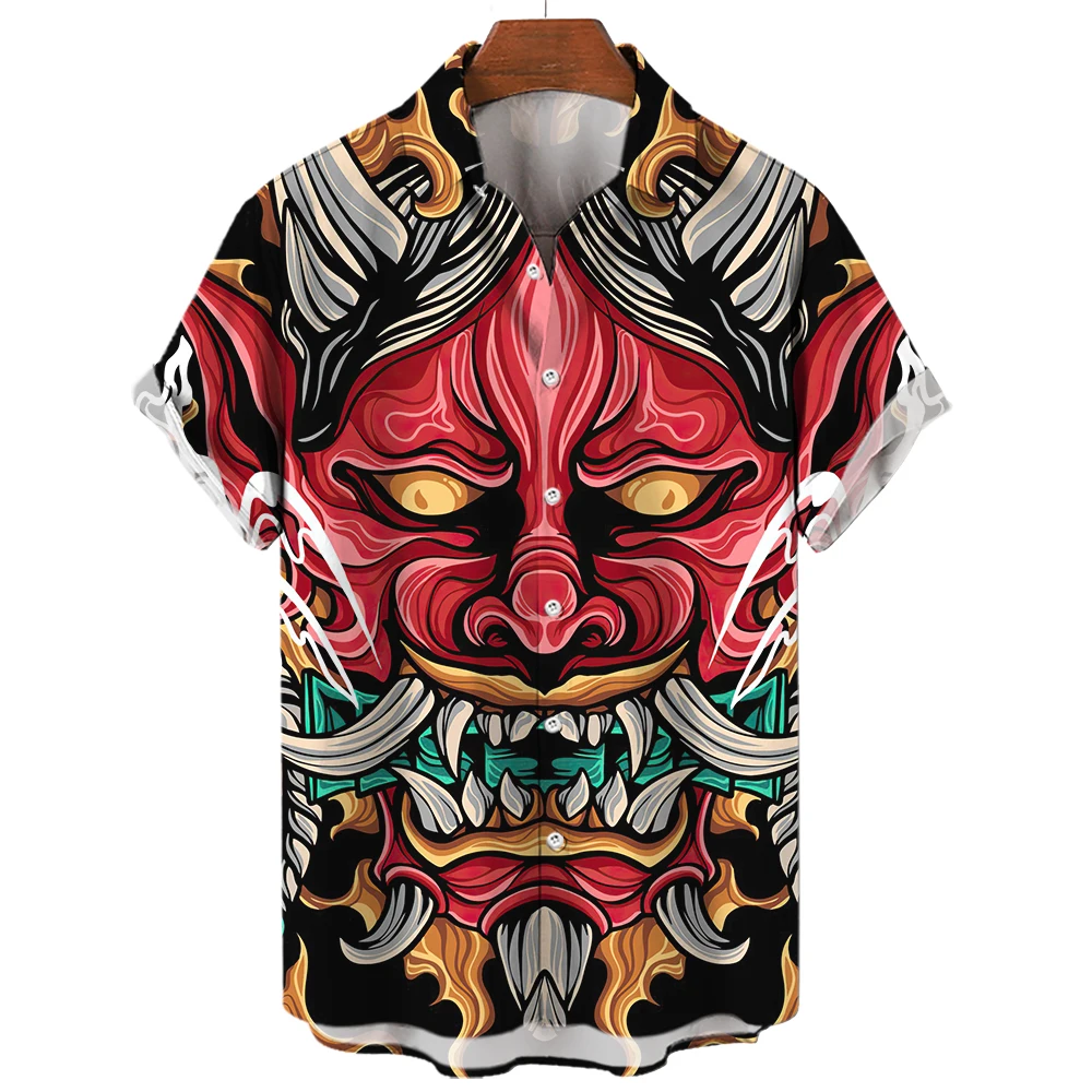 2021 summer camisa masculina slim fit formal kpop turn down mandarin collar short free shipping korean men casual shirt man Retro Men's Shirt Slim Fit Samurai Horror Shirts Japanese Print Camisa Masculina Oversized Casual Hawaiian Shirts And Blouses