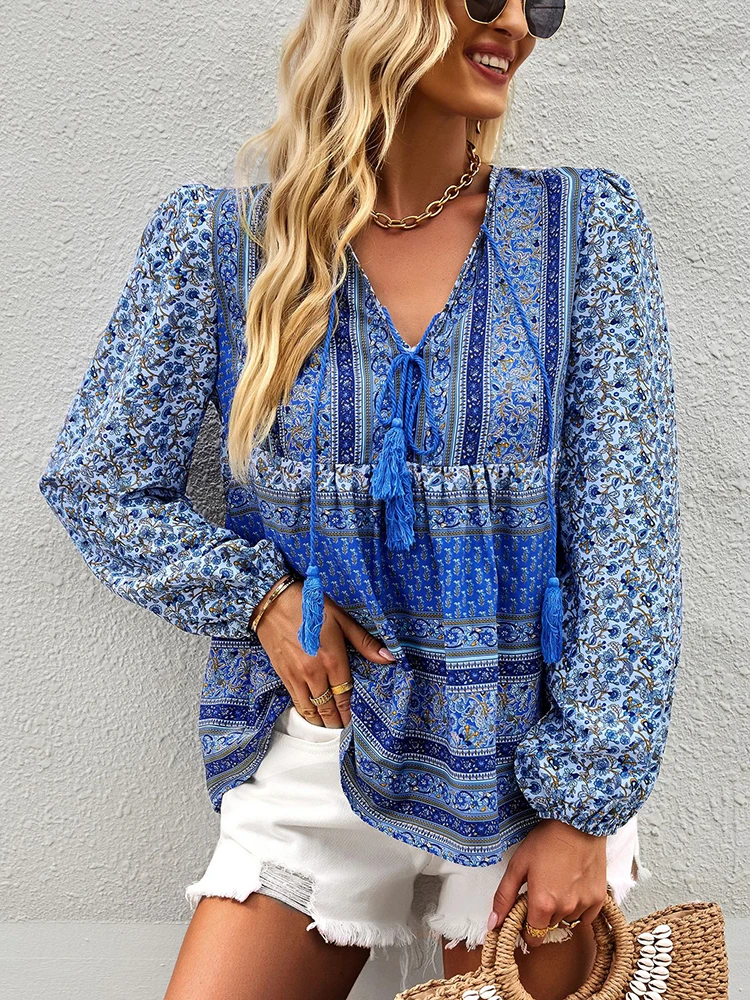 

KHALEE YOSE Boho Floral Printed Blouse Shirt V-neck Autumn Spring Long Sleeve Vintage Chic Women Vocation Casual Ladies Dresses