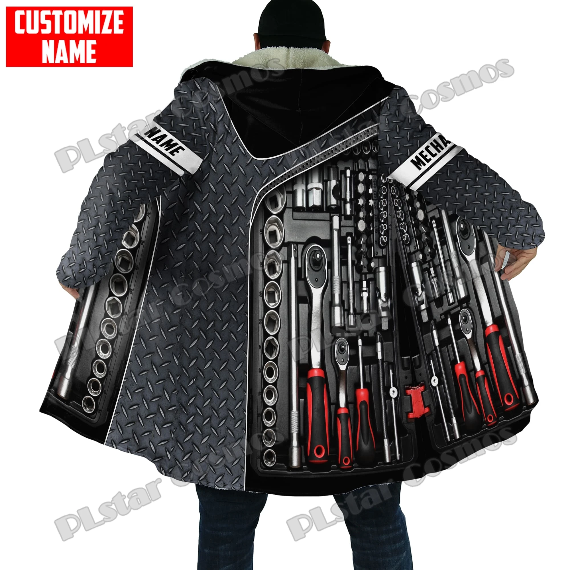Personalisierter Mechaniker-Schädel-Werkzeug, Metall, 3D-gedruckt, Herren-Fleece-Kapuzenmantel, Winter, Unisex, lässig, dick, warm, Cape-Mantel PJ07 – Detail 13