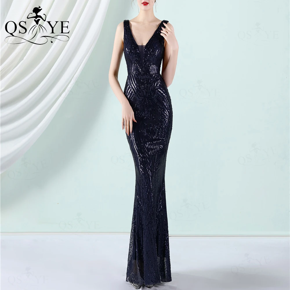 black formal gown Pattern Lace Black Evening Dresses Mermaid Sequin Prom Gown V neck Sleeveless Party Gown Open Low Back Fitted Black Formal Dress black evening dresses