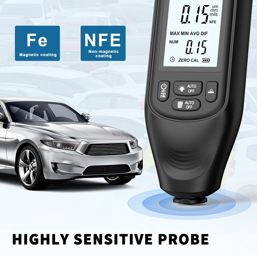 Digital Backlight LCD Thickness Gauge for Paint and Metal Coating Measurement, 0-2000μm Range