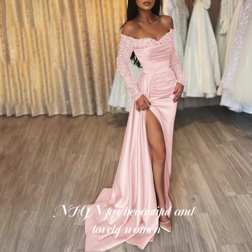 فستان NFYN لامع بأكمام طويلة للحفلات الذهبية بفتحة...