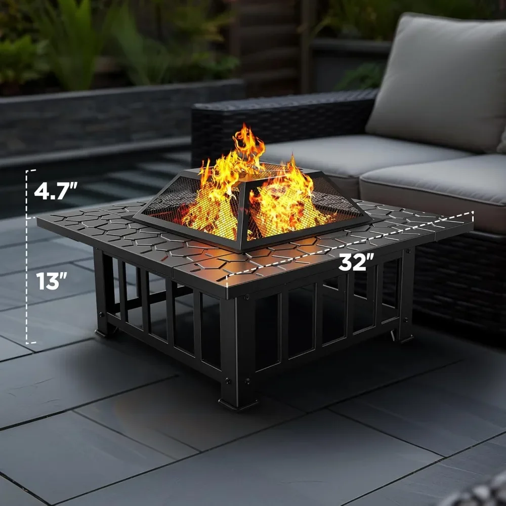 32 Inch 3-in-1 Multi-purpose Outdoor Fire Pit Table Spark Screen 22 Inch Fire Club Rain Cover