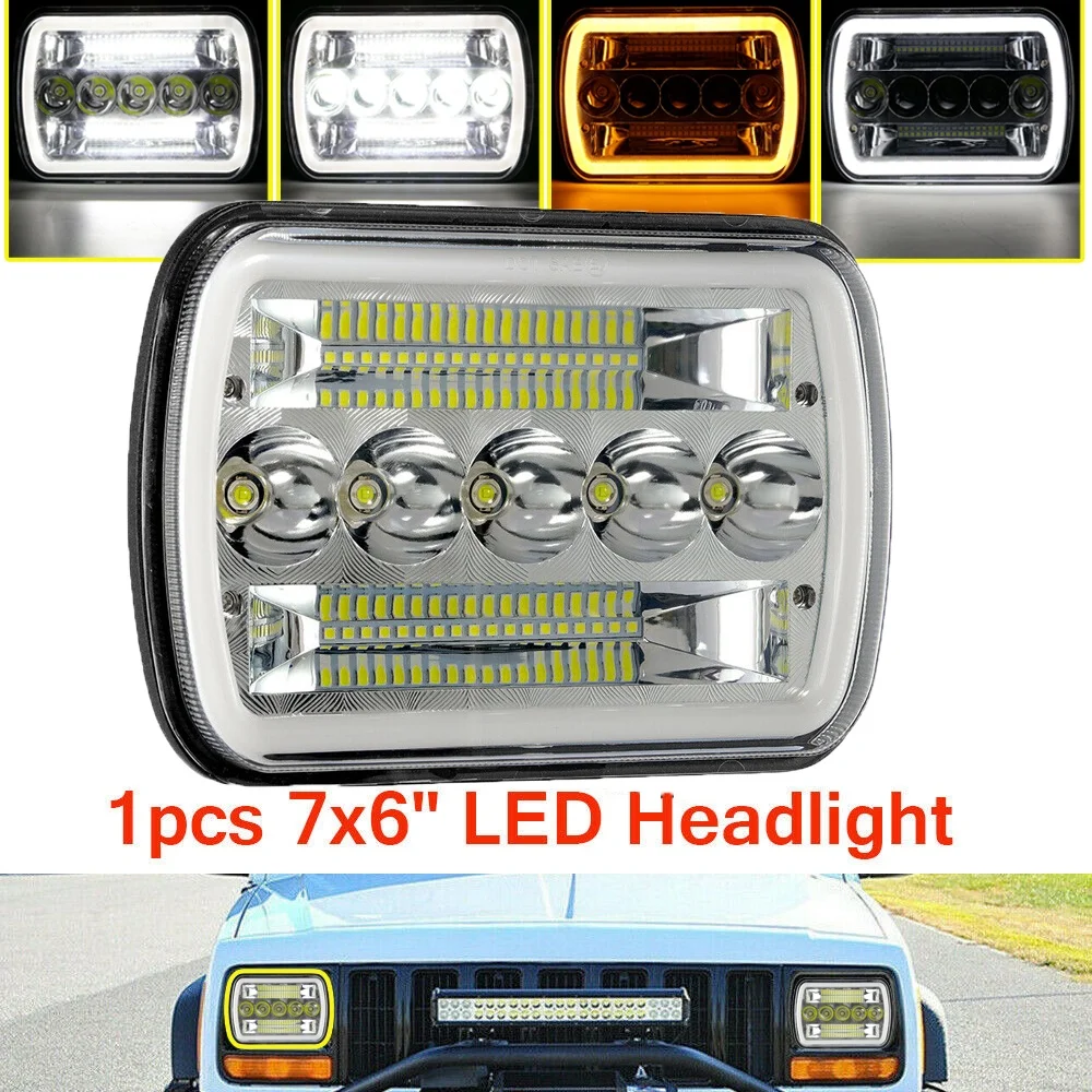 

5X7" 7x6" Three-row LED Truck Headlights with Angel Eyes for 1986-1995 Jeep Wrangler YJ 1984-2001 Cherokee 12V 500W