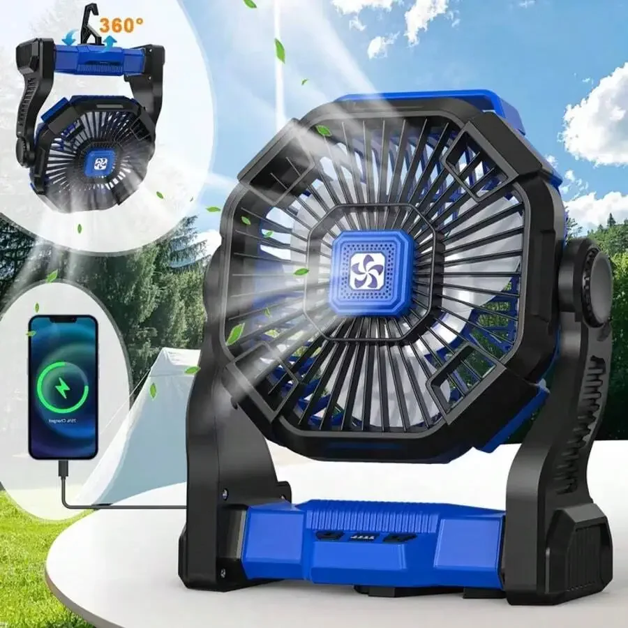 Batterijgevoede LED-lantaarn met koude lucht, tafelventilator met dubbele motor, 4 instelbare snelheden en ophanghaak, draagbare buitenventilator._voghion.com