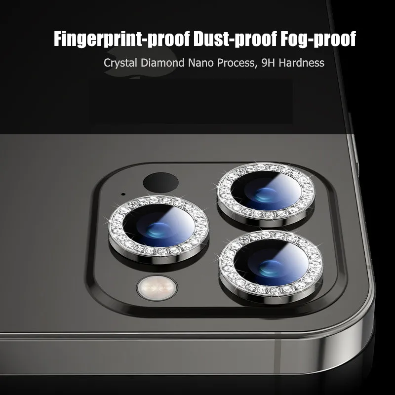 Sparkling Diamond Rhinestone Metal Ring Camera Lens Protector with Tempered Glass - Full Cover