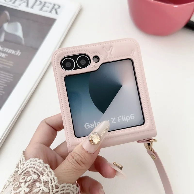 Lattice Pattern Phone Cover with Hand Strap - PU Leather Case