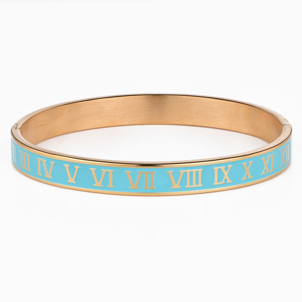 New Design Cuff Bracelet Bangle Stainless Steel Bracelet Enamel Carving Roman Numeral Couple Roman Bangle For Men Women Jewelry