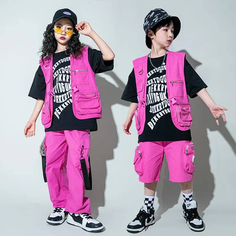

New Jazz Dancing Outfits For Girls Rose Red Loose Vest Hiphop Pants Suit Boys Modern Hip Hop Dance Performance Costumes DQS14253