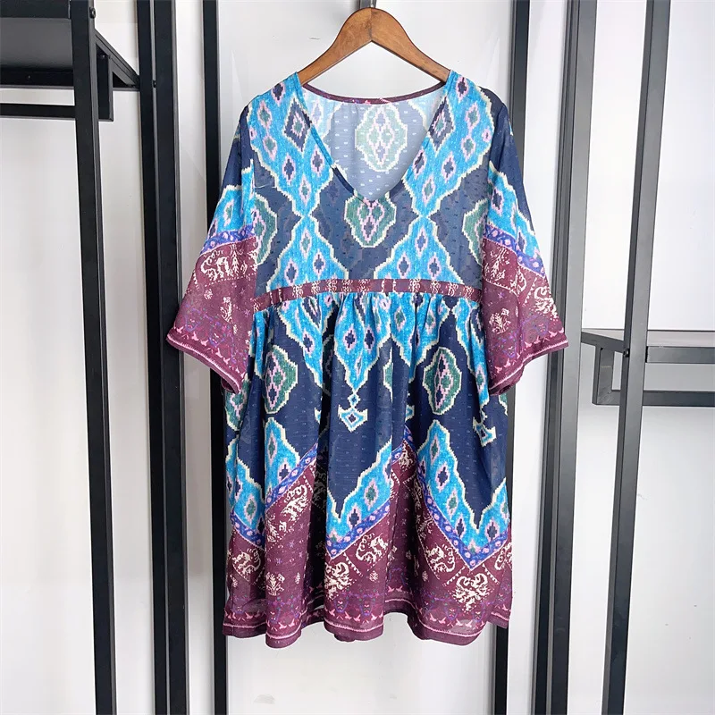 

Women's Short Dresses 100% Viscose Bohemian Style Contrasting Print Loose 2024 Summer Ladies V-neck Short Sleeve Mini Robe