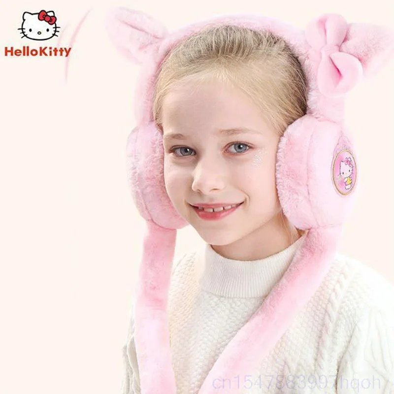 

Детские теплые наушники Sanrios с рисунком Hello Kitty, милые зимние теплые плюшевые наушники с регулировкой для маленьких девочек