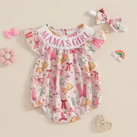 Baby Girl 2Pcs Summer Outfits Sleeveless Round Neck Cartoon/Bow Print Smocked Romper with Headband Set Infant Clothes 1
