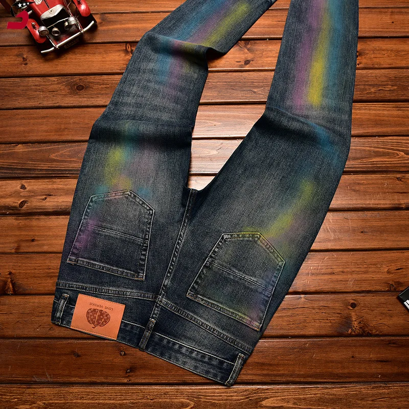 High-End Trendy Jeans Men's Splashed Ink Printing American Street Slim Fit Skinny Stretch Casual Autumn and Winter Trousers 2