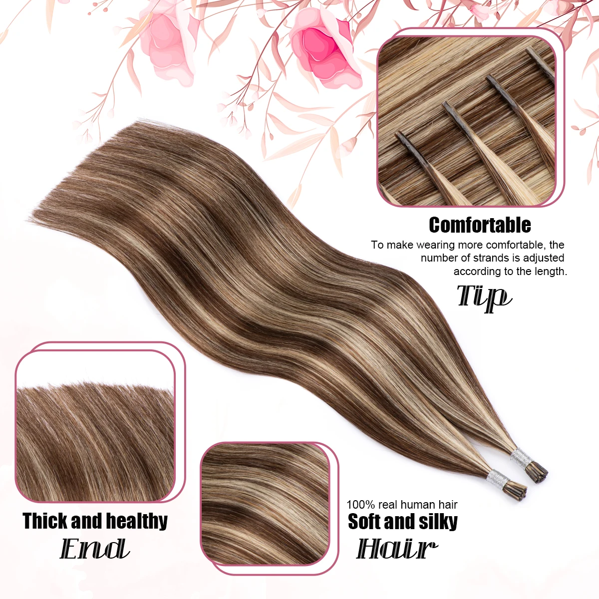 I Tip Hair Extension Straight Brown with Blonde Itips Microlink Human Hair #4/613 Ombre Highlights I Tip Real Human