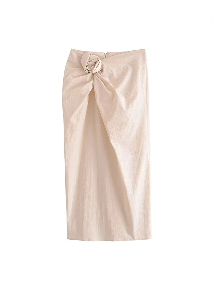 

TRAF Women Fashion with Knotted Pleated Midi Skirt Vintage Mid Waist Back Zipper Female Skirts Mujer Fold Hip Wrap Skirt