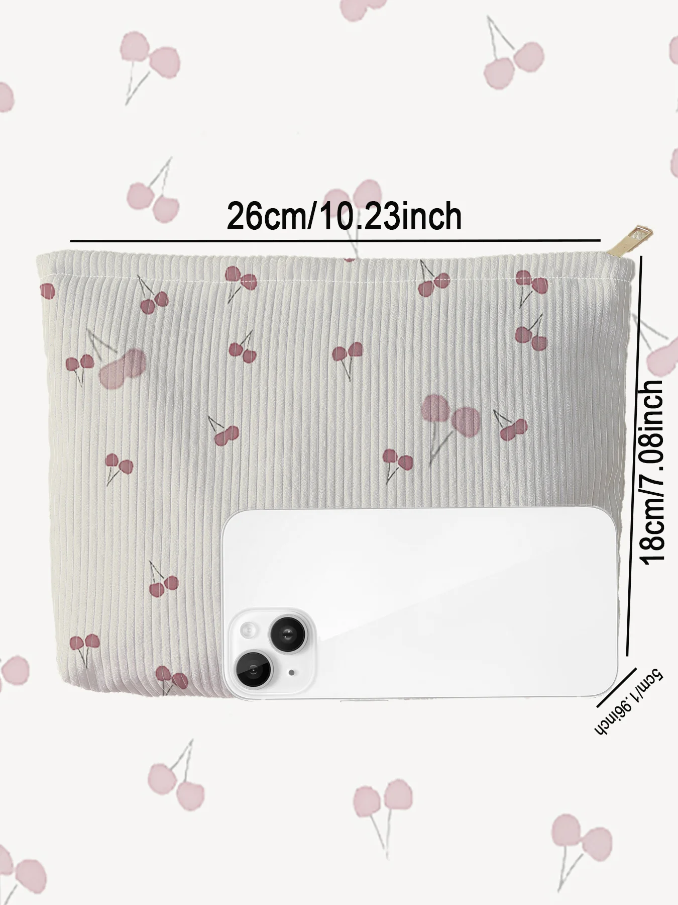 Cherry printed corduroy makeup bag, lightweight zipper makeup storage box, multifunctional bag with lining