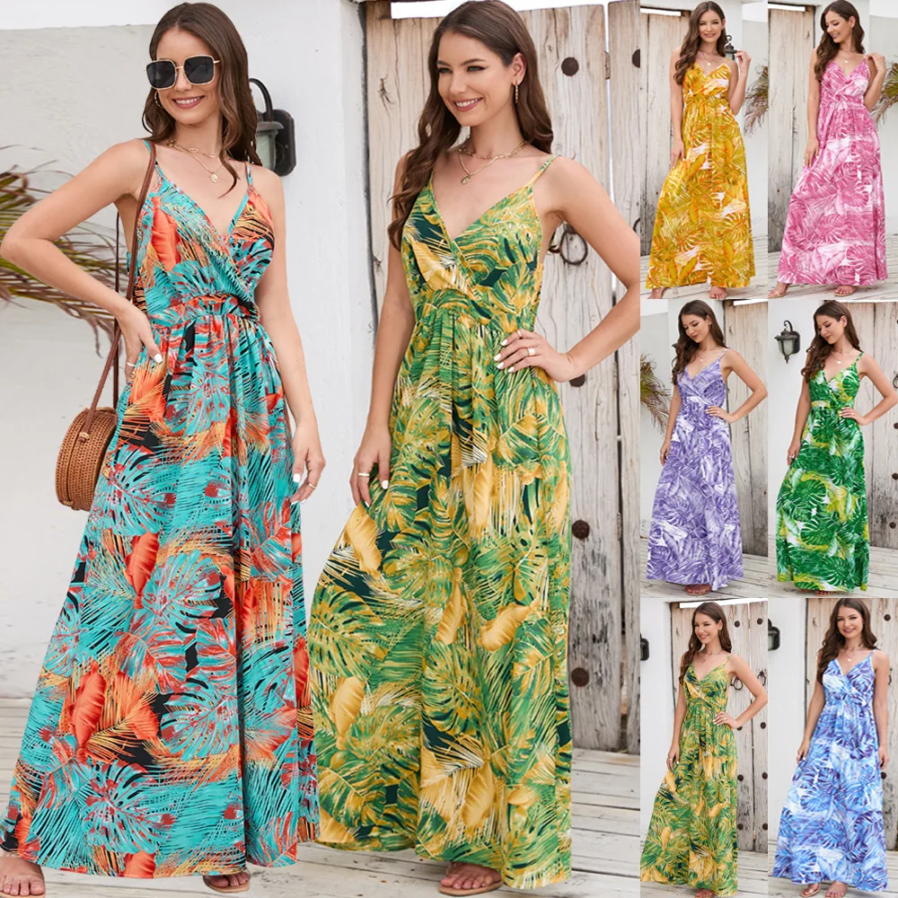 

Temperament Women's Bohemian Print Long Dress Sexy V-Neck Backless Halter Dresses Summer Female Loose Casual Holiday Beach Dress