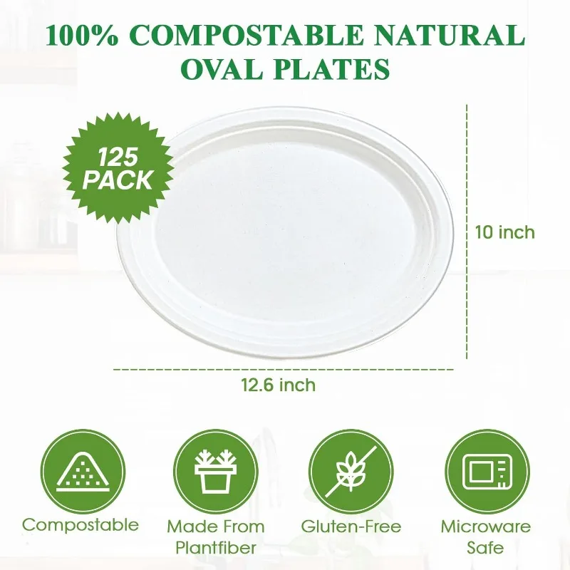 100% Compostable Oval Paper Plates 12 inch 125 Pack Super Strong Disposable Paper Plates Bagasse Natural Biodegradable