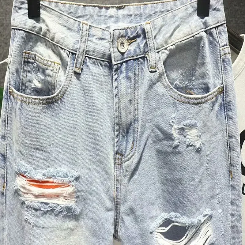 Men's Jeans with Holes Cowboy Pants Cropped Harem Hip Hop Trousers Torn Ripped Broken Retro Classic Trend Korean Style men jeans,ripped jeans,ripped patchwork jeans