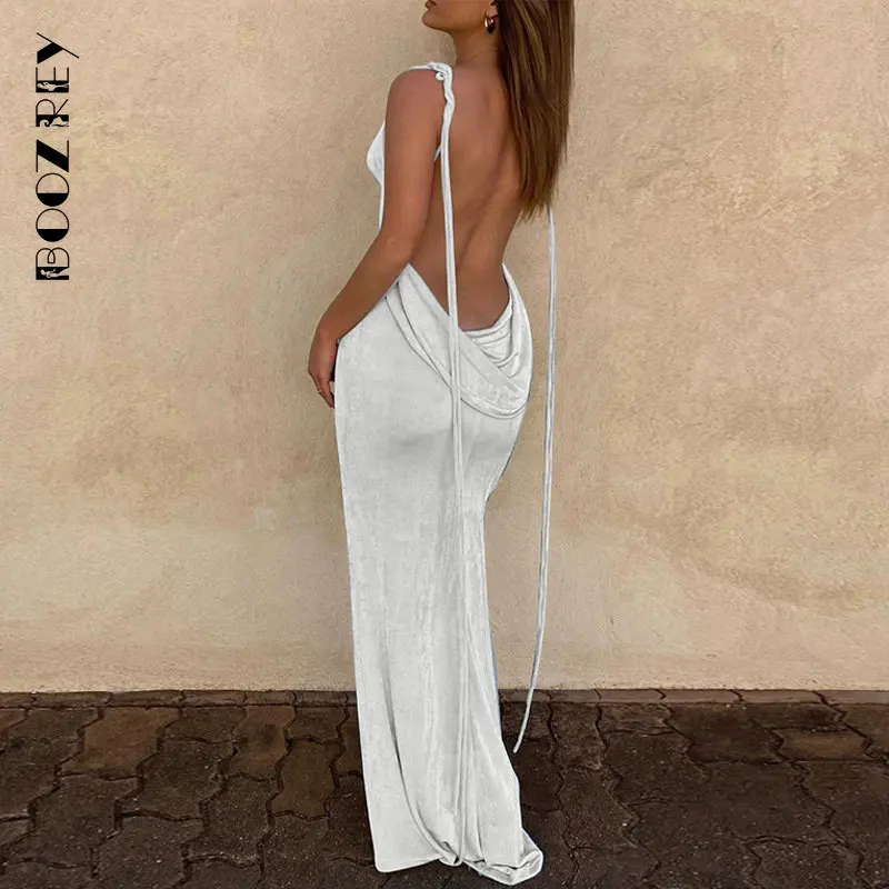 

BoozRey Elegant Fashion Halter Sexy Backless Draped Maxi Dress Women 2022 Summer Women Party Long Straps Shift Dresses Clothes