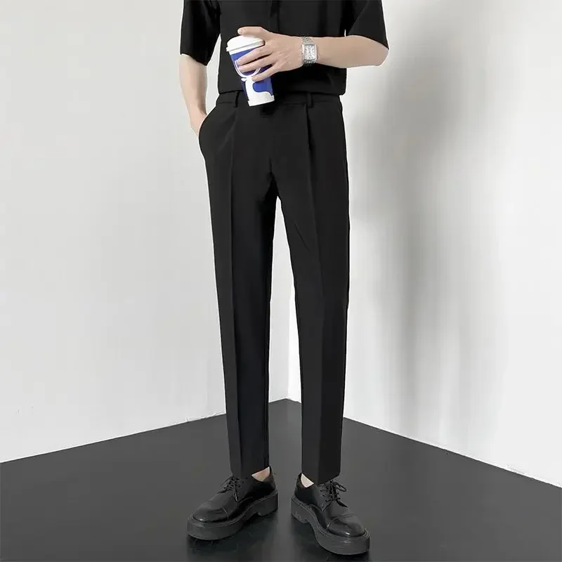 thumbnail image 1 of Pantalones holgados y elásticos para hombre, pantalones de oficina rectos y recortados, ropa de trabajo elástica fluida, vestido de estilo coreano, 1 of 5