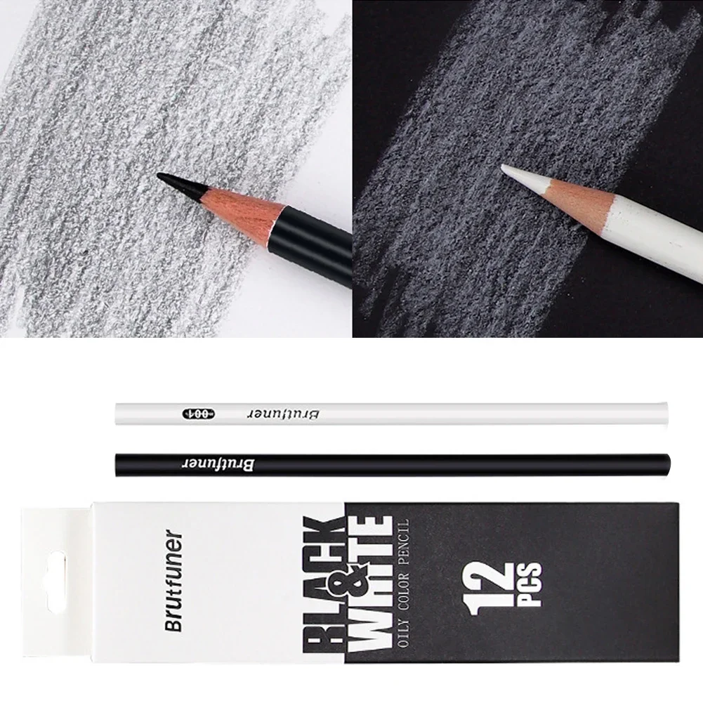 12pcs/Set Black White Color Oil Based Pencil Drawing Sketching Artist Pencils Art Learning Painting School Stationery Supplies 3