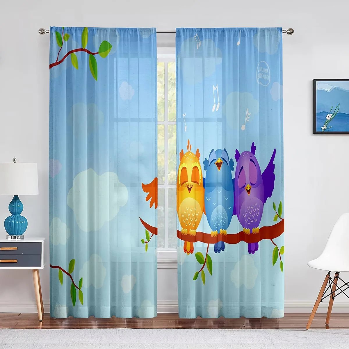

Cartoon Colorful Owls Sitting on Branch Tulle Sheer Window Curtains for Living Room Bedroom Modern Tulle Voile Curtains Decor