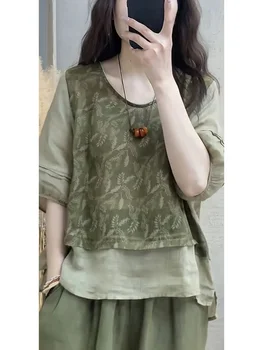 Faionable Cotton Linen Set Women's Summer New Print Patchwork Fake Two-Piece Top Harlan Pants Slimming Two-Piece Set 1