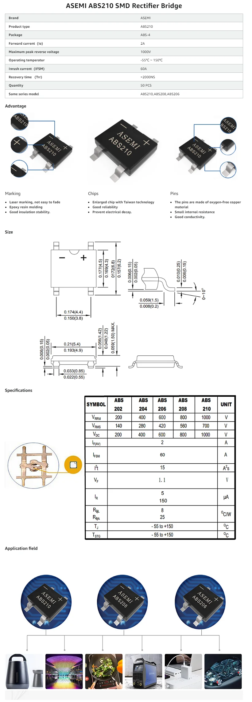 ABS210 Diodenbrückengleichrichter 2A 1000V ASEMI AC-zu-DC-Wandler – Detail 1
