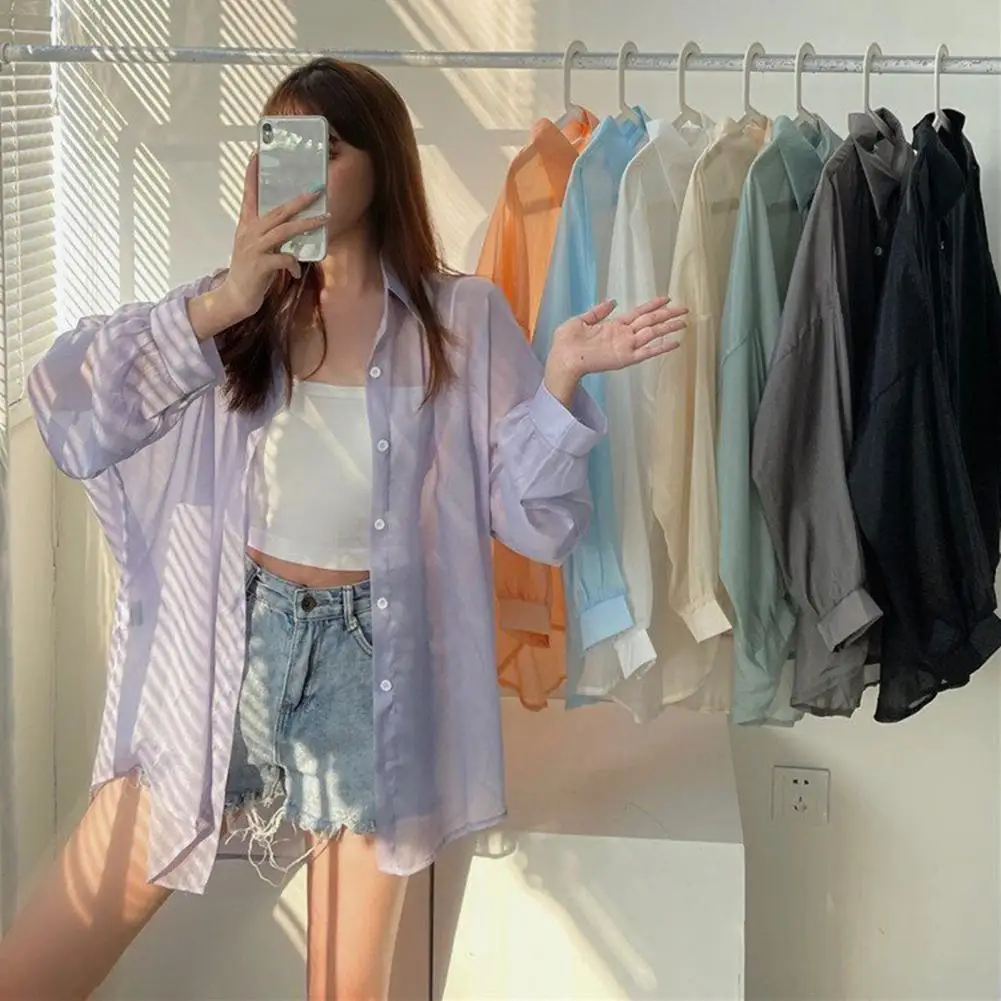 

Lapel Long Sleeve Transparent Sunscreen Shirt Single Breasted Solid Color Summer Ultrathin Chiffon Shawl Coat