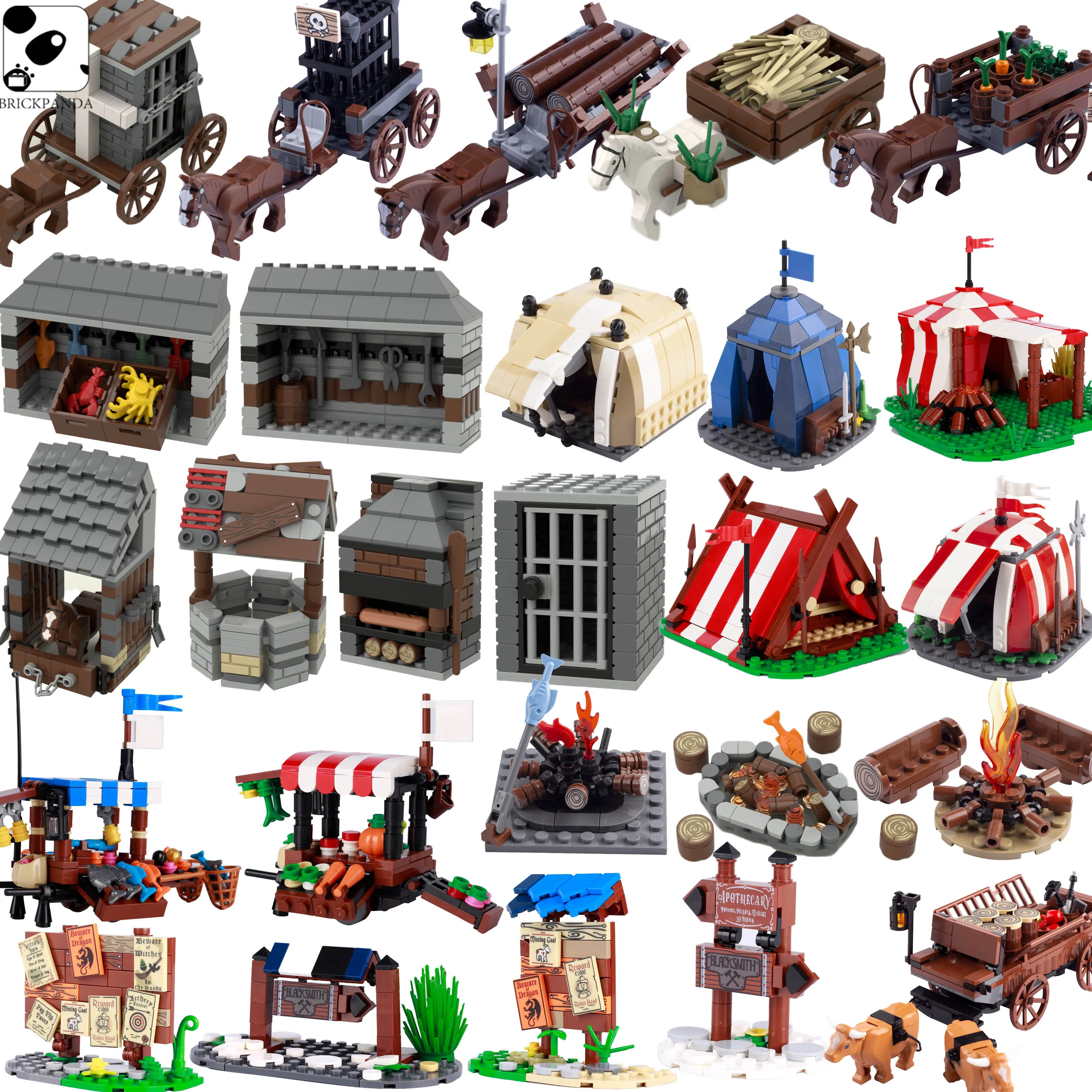 Moc Medievale Città Tenda Building Blocks Prigione Water Well Van Falò Bacheca Forno Per Il Pane Mattoni Fai Da Te Giocattoli Regalo Per Ragazzi