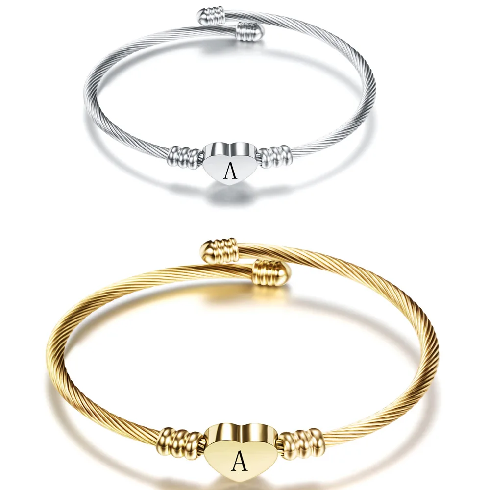 Stainless Steel Bracelet Initial Letter Heart Charm Bangle for Women 26 Alphabet Fashion Birthday Party Jewelry