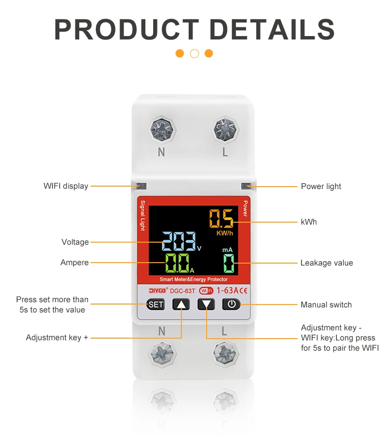 Smart WiFi Circuit Breaker DGC-63T 1-63A Timing Remote Energy Meter Überspannung/Leckage Schutz 35mm Schiene mit Alexa/Tuya – Detail 3