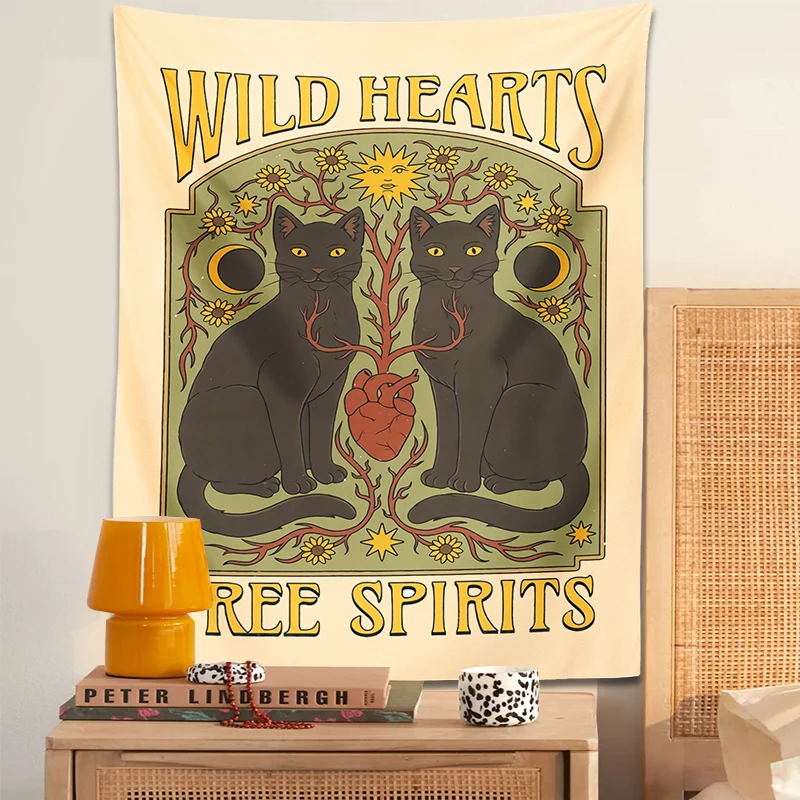 

Cat Hearts Tapestry Wall Hanging Wild Hearts plant flower sun moon star Witchcraft Astrology carpet bedside Art Home dorm Decor