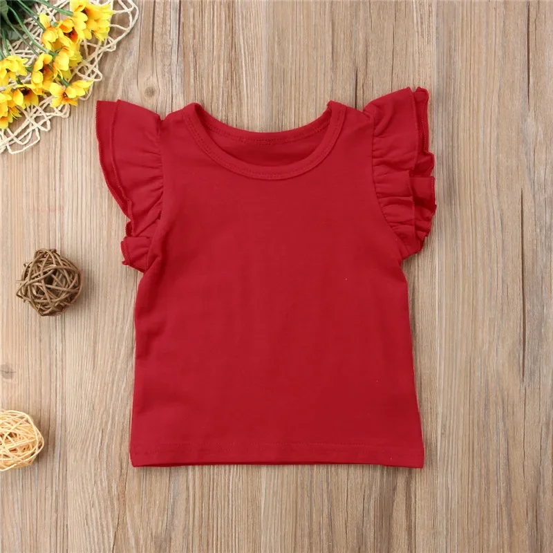 1-6Years Kids Girls Summer T-Shirt Cotton Flying Sleeves T-Shirt Girls Solid Black White Pink Red Tee Tops
