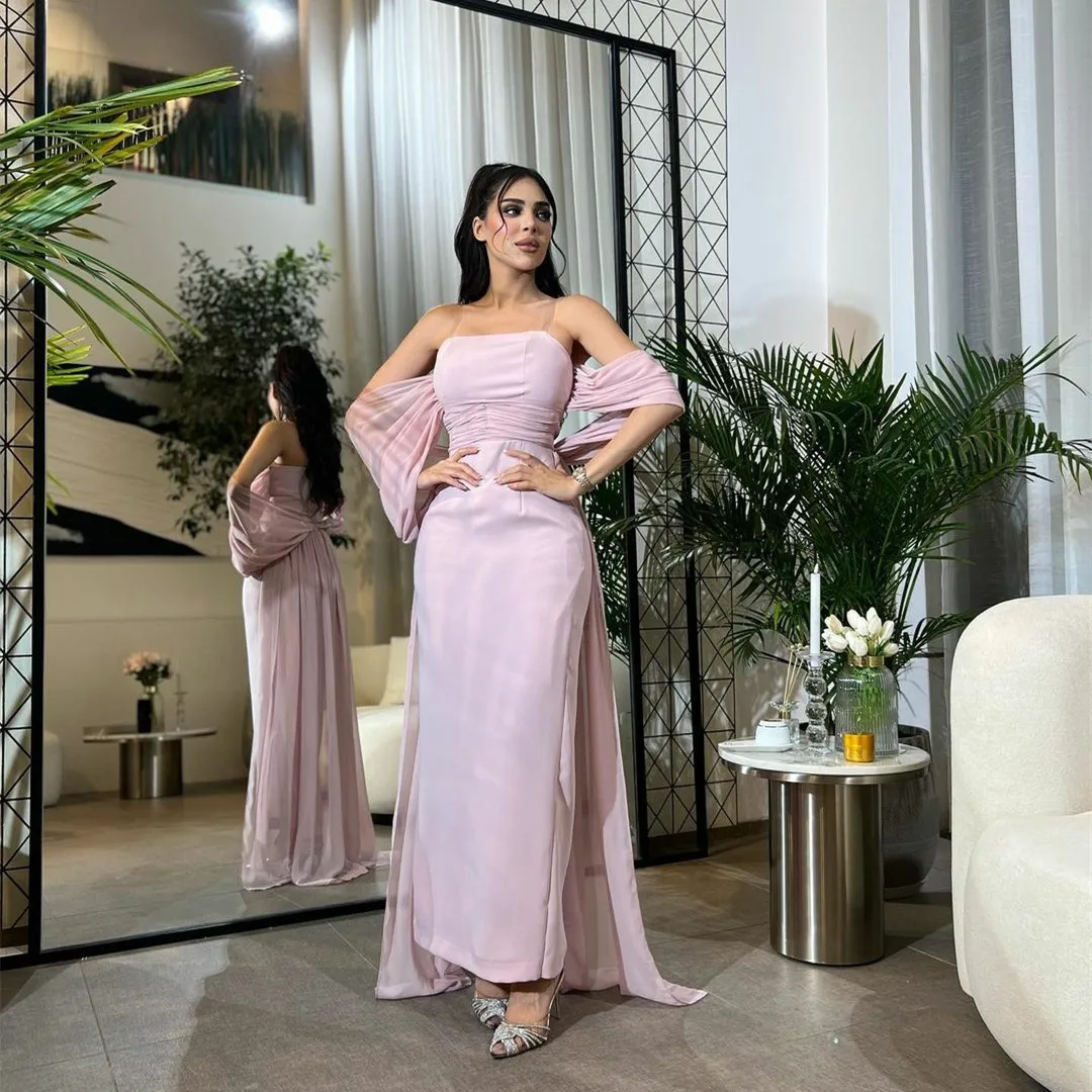 

Vintage Short Pink Strapless Prom Dresses Muslim Sheath Ankle Length Robe De Soiree Formal Party Dresses