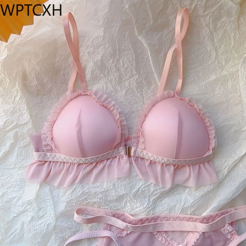 

French Sexy Triangle Cup Underwear Women's Thin Small Breast Push-up Bra Pure Desire Lace Front Button Bras Set Lingerie Suits