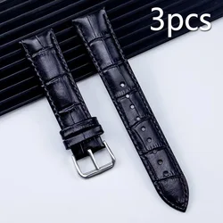 Premium Genuine Leather Watch Band Strap with Steel Pin Buckle - High - Quality Wrist Bracelet - 22mm (Black - 3Pcs)
