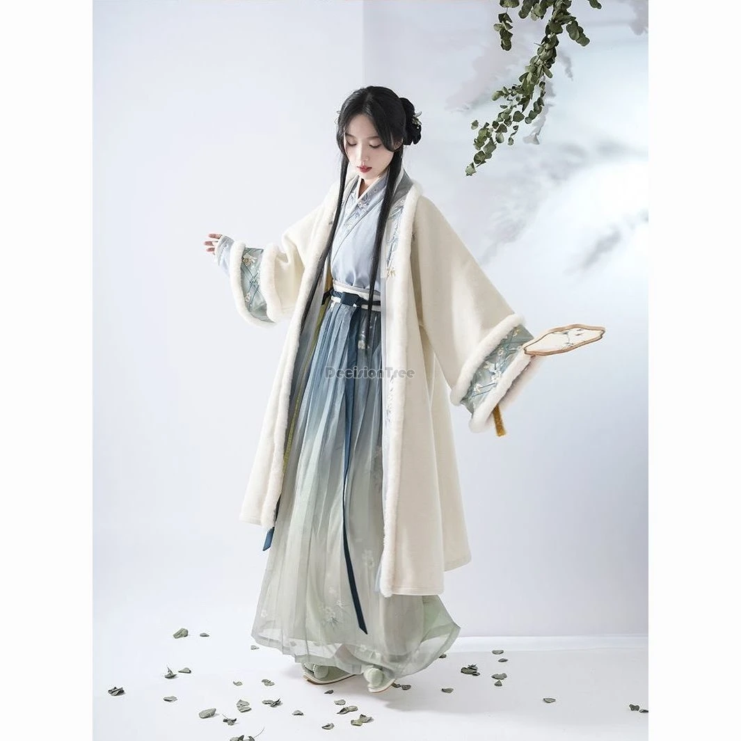 

2024 chinese song dynasty winter style hanfu embroidered cross collar blouse pleated skirt long jacket thickened daily set w177